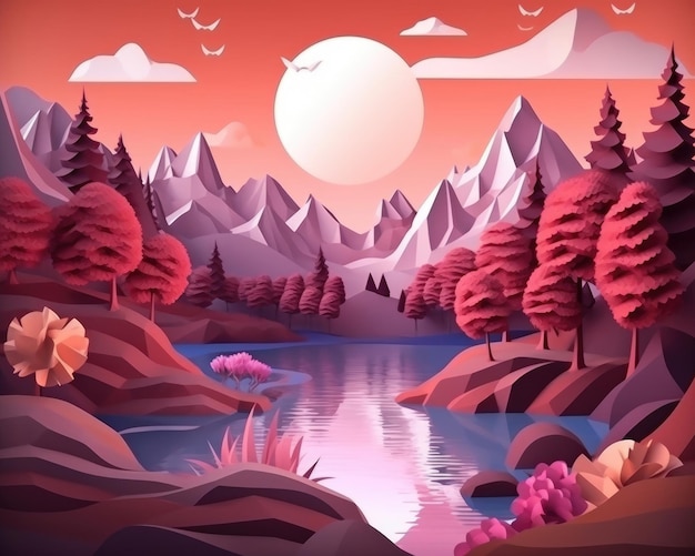 Un paesaggio fantasy in stile papercut di alberi, laghi e montagne illustrato in 3D Generative AI