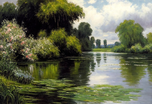 un paesaggio fluviale con fiori e alberi