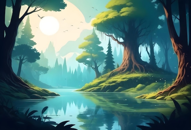 un paesaggio forestale con un fiume e un fiume con una luna piena sullo sfondo
