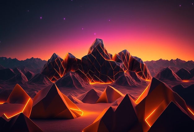 Un paesaggio futuristico lowpolygon montagne illuminate da luce al neon su uno sfondo sfumato Immersione in un surreale mondo cyber virtuale digitale Rendering 3D AI generato