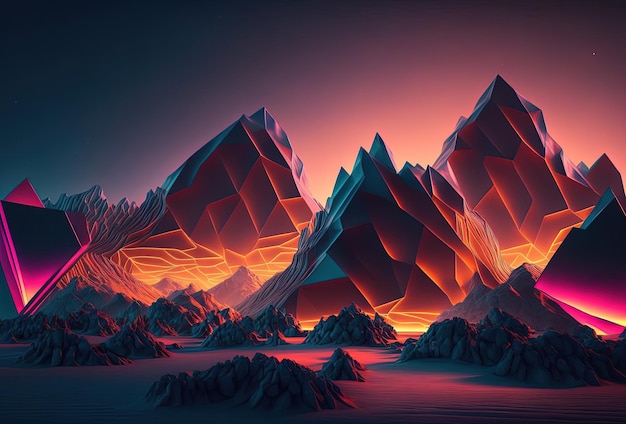 Un paesaggio futuristico lowpolygon montagne illuminate da luce al neon su uno sfondo sfumato Immersione in un surreale mondo cyber virtuale digitale Rendering 3D AI generato