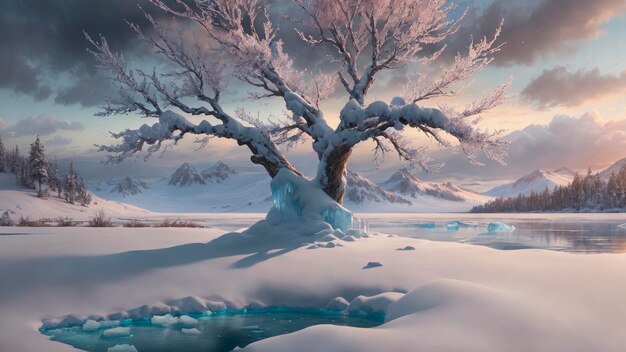 Un paesaggio ghiacciato con un albero al centro