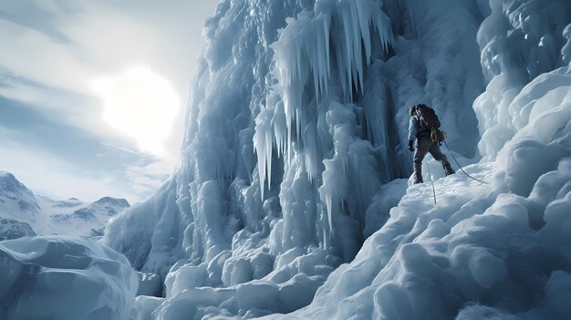 un paesaggio ghiacciato con un alpinista di ghiaccio in azione