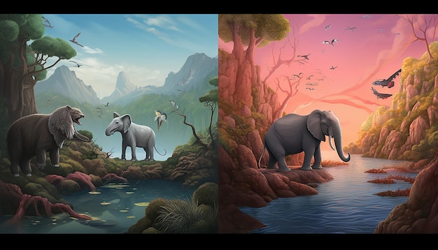 un paesaggio immaginario 3D dove creature mitiche coesistono con vere specie in via di estinzione