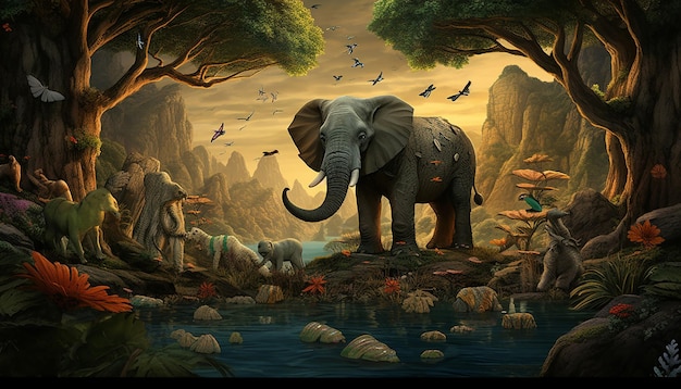 un paesaggio immaginario 3D dove creature mitiche coesistono con vere specie in via di estinzione