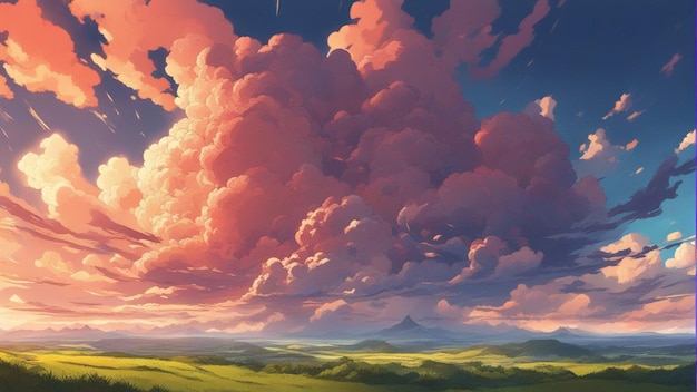 Un paesaggio in stile cartone animato con nuvole anime arrabbiate iperrealistiche