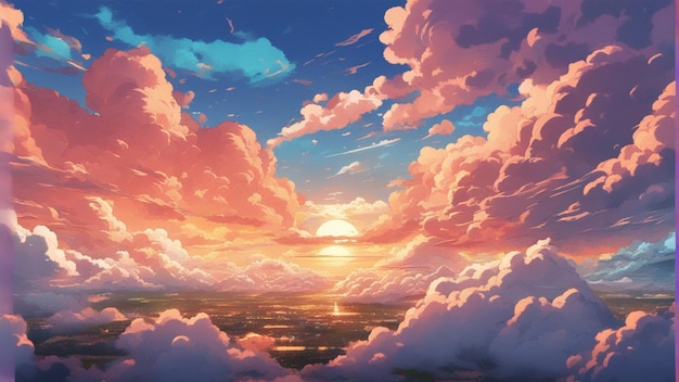 Un paesaggio in stile cartone animato con nuvole anime arrabbiate iperrealistiche