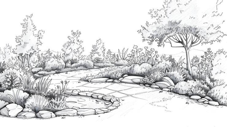 Foto un paesaggio incantevole con un sentiero tortuoso attraverso un rigoglioso giardino botanico e uno stagno tranquillo