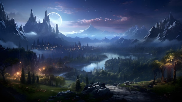 Un paesaggio incantevole di montagne maestose un fiume sereno e una luna piena illuminata in un regno fantastico...