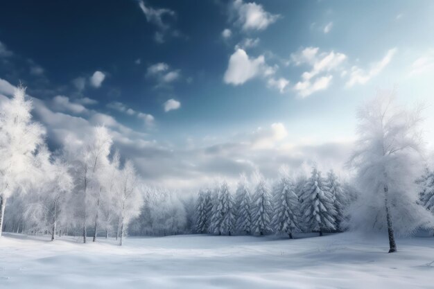 Un paesaggio innevato con alberi e nuvole nel cielo IA generativa