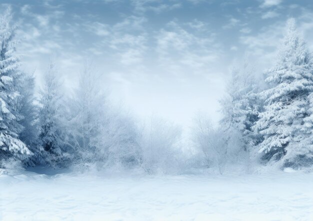 Un paesaggio innevato con alberi in primo piano