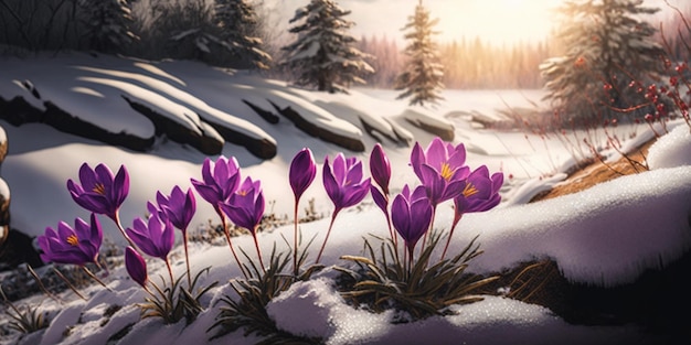 Un paesaggio innevato con fiori di crocus in primo piano.