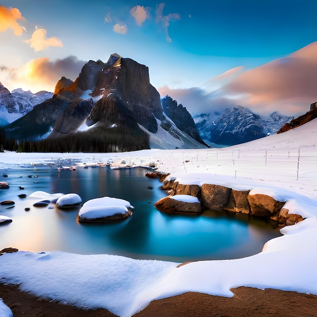 Un paesaggio innevato con montagne sullo sfondo e un lago