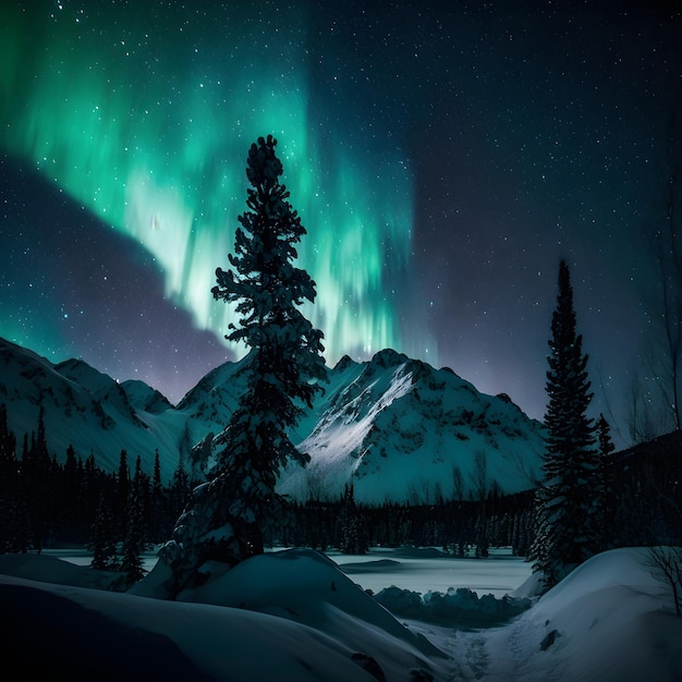 Un paesaggio innevato con sopra l'aurora boreale