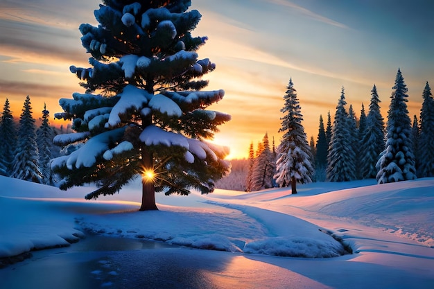 un paesaggio innevato con un albero e un tramonto sullo sfondo