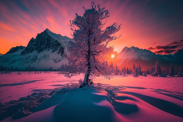 Un paesaggio innevato con un albero in primo piano e montagne sullo sfondo.