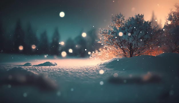 Un paesaggio innevato con un albero in primo piano e un bosco innevato sullo sfondo.