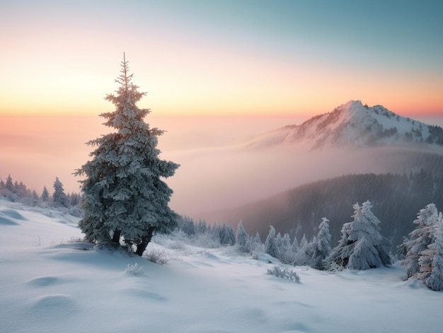 Un paesaggio innevato con un albero innevato in primo piano e una montagna innevata sullo sfondo.