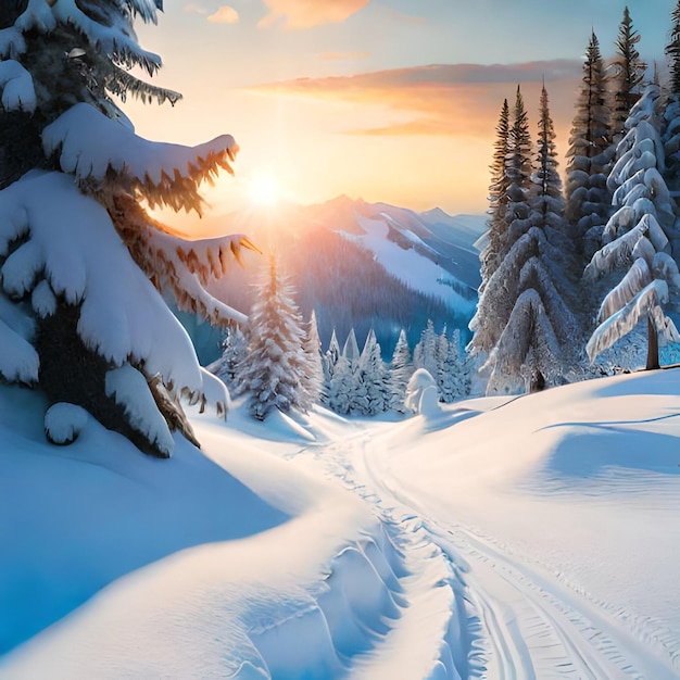 Un paesaggio innevato con un sentiero innevato e il sole che splende sulla neve.