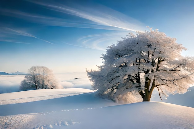 Un paesaggio innevato con un uccello che vola nel cielo