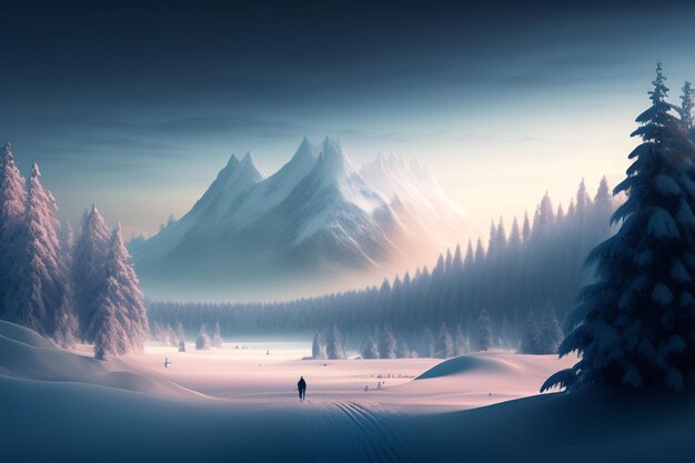 Un paesaggio innevato con un uomo che cammina in mezzo alla neve.