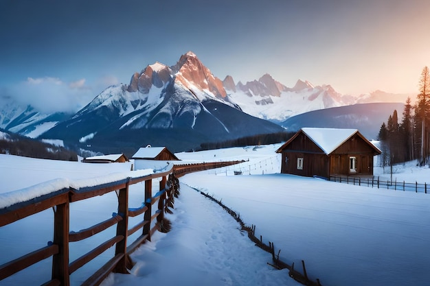 Un paesaggio innevato con una montagna innevata sullo sfondo