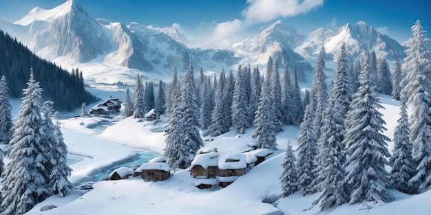 Un paesaggio innevato con una montagna innevata sullo sfondo