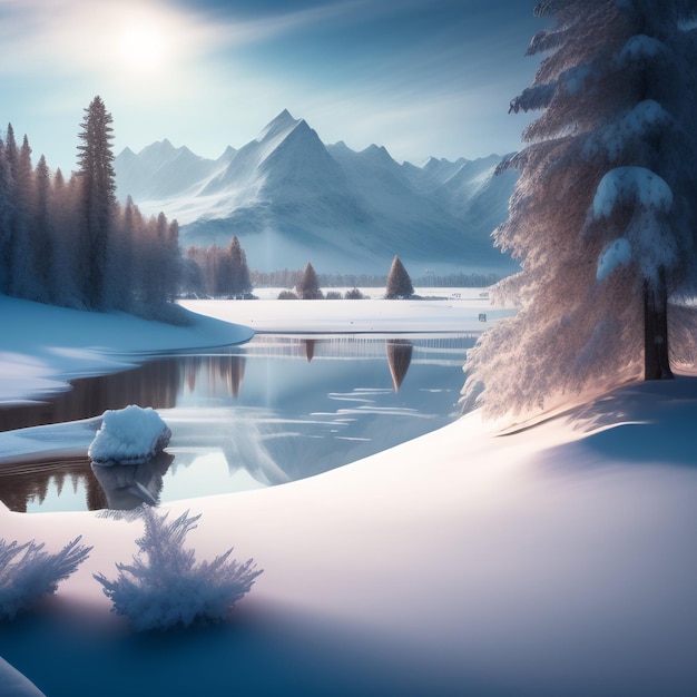 Un paesaggio innevato con una montagna sullo sfondo e un paesaggio innevato con alberi e un lago.