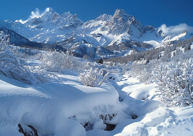 un paesaggio innevato con una montagna sullo sfondo e una montagna coperta di neve sullo sfondo