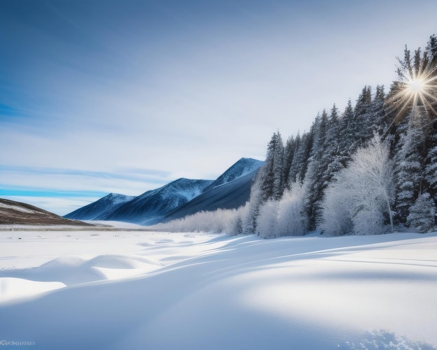 Un paesaggio innevato con una montagna sullo sfondo