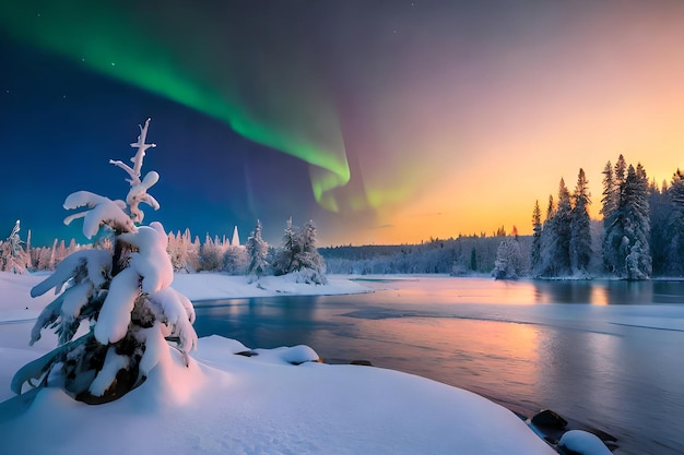 Un paesaggio invernale con sopra l'aurora boreale