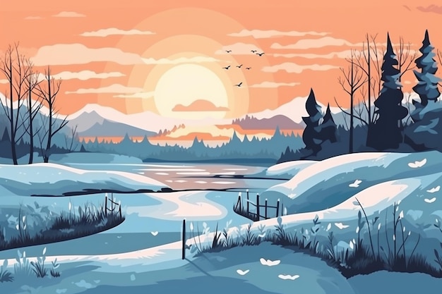 Un paesaggio invernale con un lago e montagne sullo sfondo.