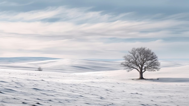 Un paesaggio invernale minimalista con un campo innevato e un orizzonte lontano generato dall'intelligenza artificiale