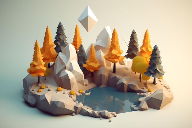 Un paesaggio low poly con alberi e lago nel mezzo