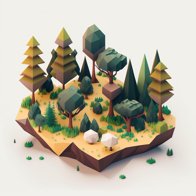 Un paesaggio low poly con alberi e una pecora