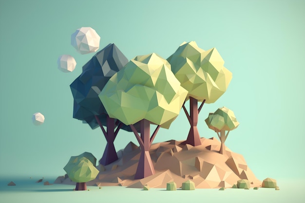 Un paesaggio low poly con alberi e uno sfondo blu.