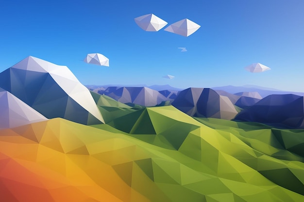 Un paesaggio low poly con montagne e nuvole.