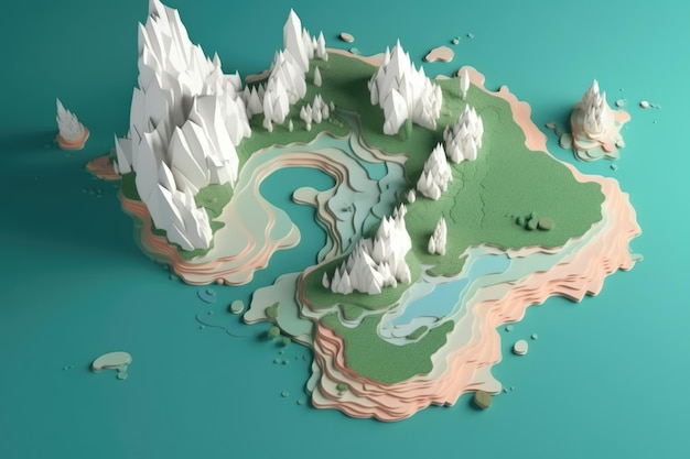 Un paesaggio low poly con montagne e un fiume al centro