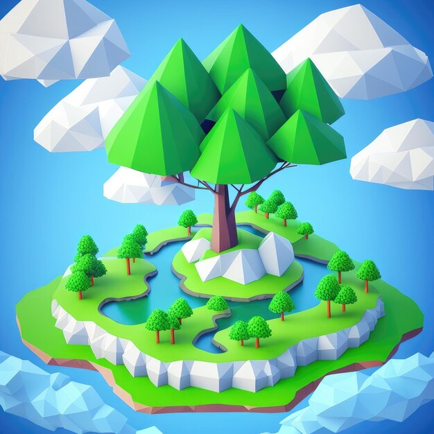 Un paesaggio low poly con un albero sopra e il cielo è blu.