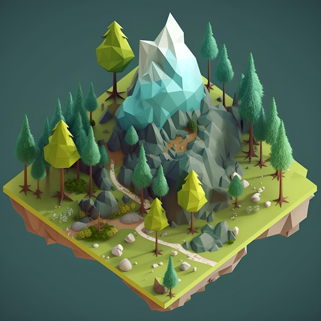 Un paesaggio low poly con una montagna nel mezzo.