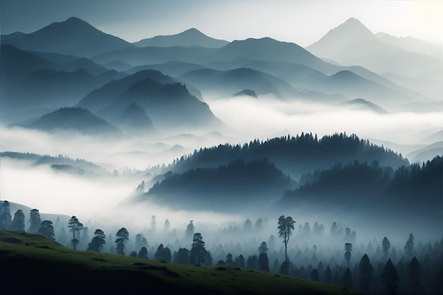 Un paesaggio montano con alberi e montagne sullo sfondo