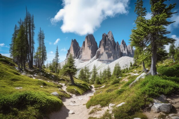 Un paesaggio montano con alberi e rocce generativo AI