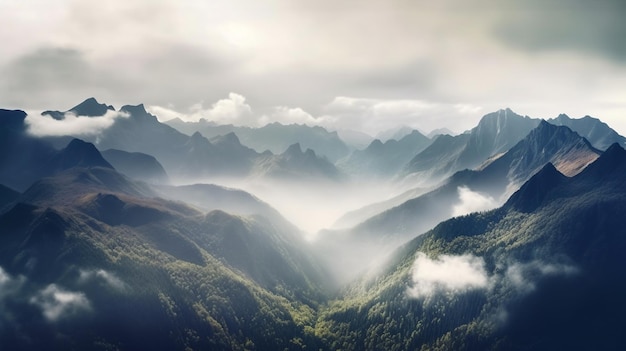 Un paesaggio montano con nuvole e montagne sullo sfondo