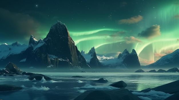 Un paesaggio montano con sopra l'aurora boreale.