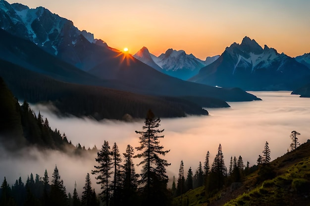 Un paesaggio montano con un cielo nebbioso e il sole che tramonta alle sue spalle