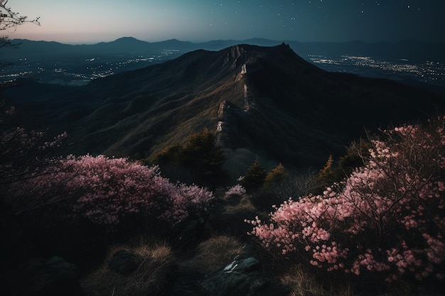 Un paesaggio montano con un cielo stellato e una montagna con un fiore rosa in primo piano.