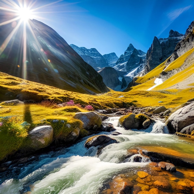 Un paesaggio montano con un fiume e montagne sullo sfondo