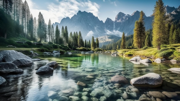 Un paesaggio montano con un fiume e montagne sullo sfondo