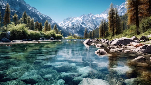 Un paesaggio montano con un fiume e montagne sullo sfondo