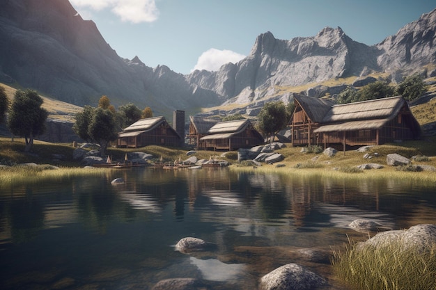 Un paesaggio montano con un lago e delle case in primo piano e una montagna sullo sfondo.